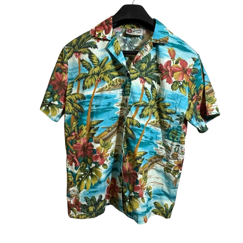 Vintage Hilo Hattie Hawaiian Button Front Shirt Unisex Small Outrigger Ukulele